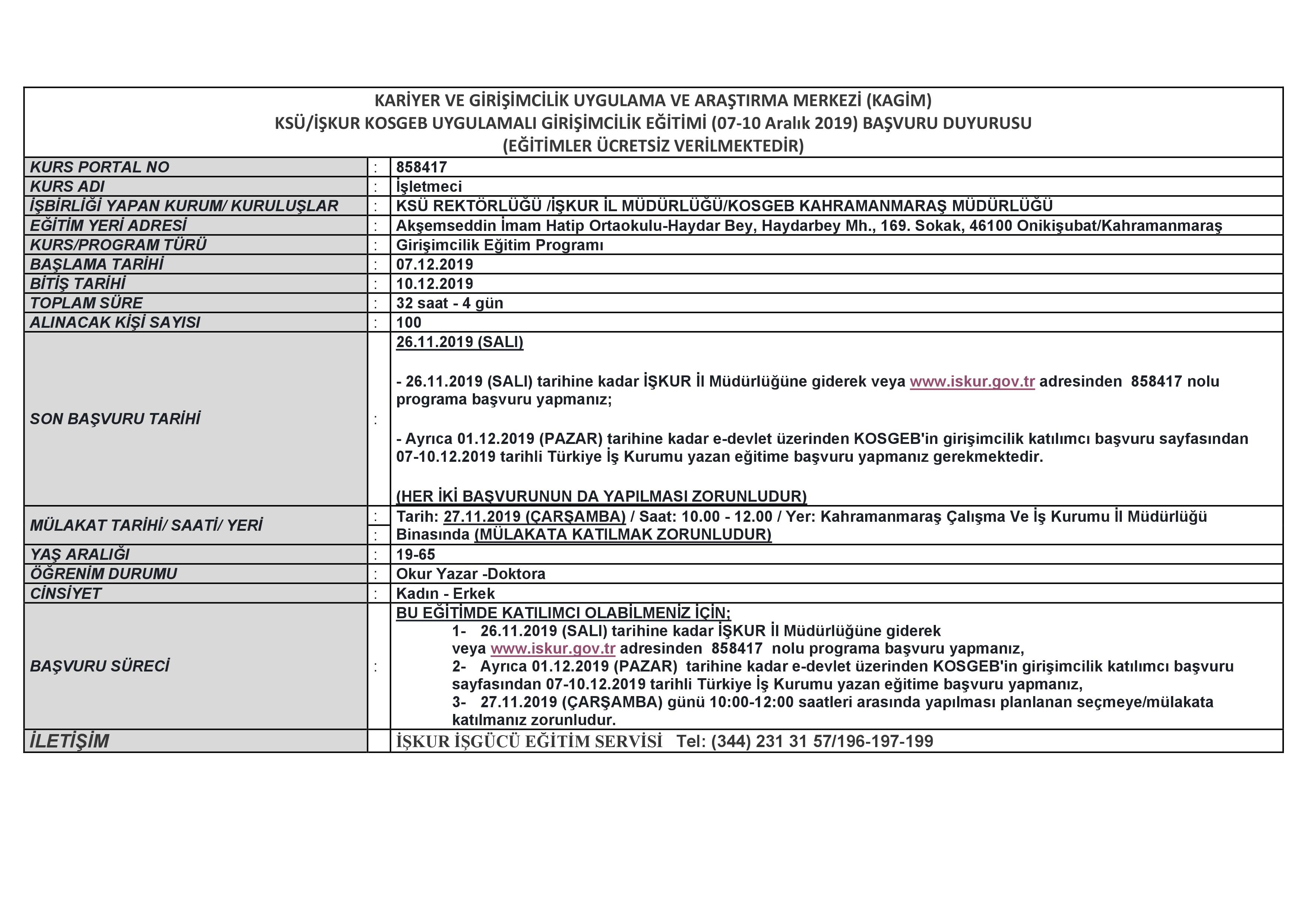 KAGİM- KSÜ/İŞKUR KOSGEB Uygulamalı Girişimcilik Eğitimi (07-10 Aralık 2019) Başvuru Duyurusu